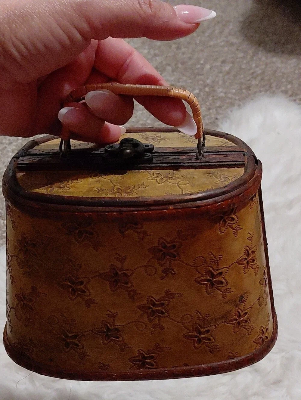 Tan Floral-Embossed Cosmetic Case with Top Handle